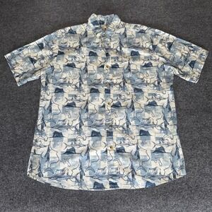 Woolrich Hawaiian Shirt Mens Large Blue‎ Fish Print Aloha Button Up Short Sleeve